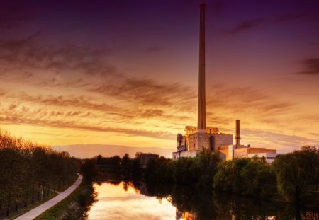 Beautiful - nature, sky, trees, factory, clouds, beautiful, sunsets, rivers