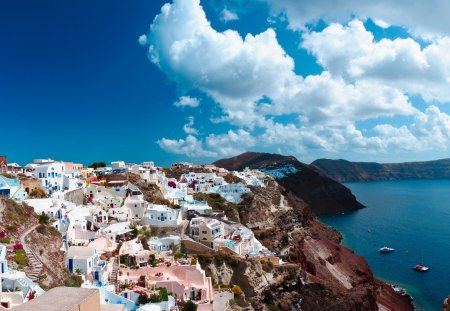 Panorama Santorini - clouds, blue, beautiful, sea, architecture, santorini, colorful, panorama, greece, houses, sky