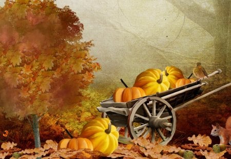 That Autumn Feeling - bird, harvest, leaves, flowers, garden, amber, trees, nuts, acorns, wagon, gold, orange, fleurs, pumpkin, fall, vintage, autumn, thanksgiving, rich, squirrel