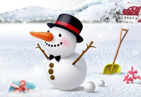 Fun to Be A Snowman - gifts, presents, church, home, happy, freeze, shovel, frost, house, snowman, trees, winter, warm snowballs, christmas, smile, cold, mountains