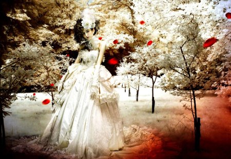 WINTER GIRL - background, girl, posing, petals, winter