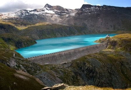 beautiful dam in the mountains - lake, mountains, dam, clouds, snow