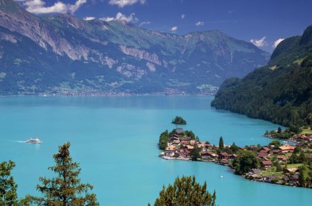 iseltwald switzerland on beautiful lake brienz - lake, trees, mountains, nature, lakes, village, town, green, switzerland