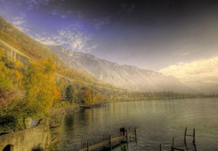 awesome lake shore in switzerland hdr - lake, highway, pier, mountain, shore, hdr