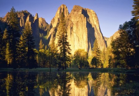 wondrous cliffs reflection - lake, reflection, cliffs, sunlight, trees