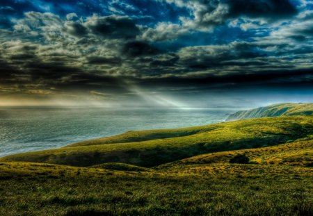 outstanding sea and landscape, hdr - clouds, sun rays, coast, hdr, sea