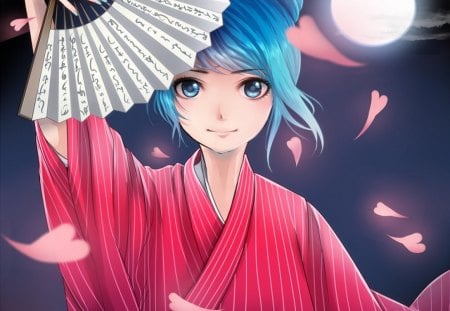 Miku Hatsune - fan, vocaloid, night, kimono, miku