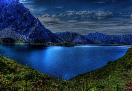 Rock - rock, plants, lake, grass