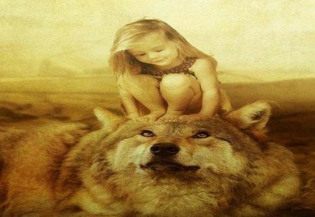 Guardian - abstract, fantasy, animal, wolf, girl