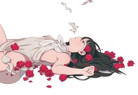 All That Glitters.. - flowers, girl, anime, birds