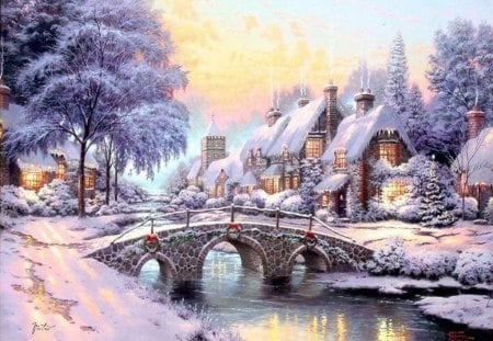 Winter - river, winter, sunset, nature, snow, houses, reflection