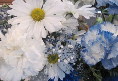 white daisy bouquet - flowers, white, yellow, blue, green, photography, daisy