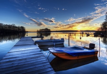 Motorboats at the Pier - water, sunset, motor, boat