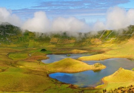 Volcanic Crater, Corvo Island, Portugal - crater, nature, mountain, volcano, water, landscape, yellow, daylight, blue, lake, patchwork, sky, pond, clouds, volcanoic, day, green