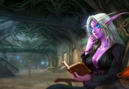 Pink elf princess - game, people, book, pink, orange, hair, elf, fantasy, white, purple, green, woman, fruit, blue eyes