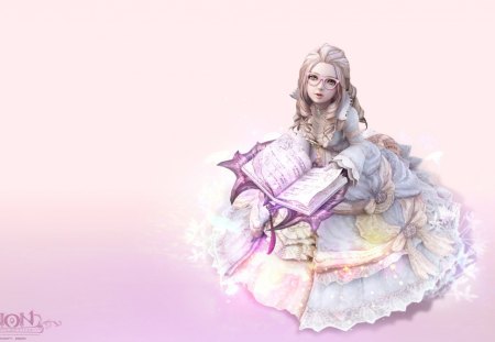 Aion - fighter, game, blue, book, dress, girl, blonde hair, beauty, green eyes, pink, aion, fantasy, glasses, green, cute, bow