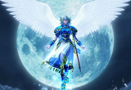 Praying to the moon - moon, girl, angel, warrior, night, wings, pray, fantasy, armor, serenity, white, game, blue, feather