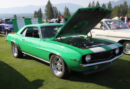 1969 Chevrolet Camaro Z28 - black, white, tires, headlights, green, photography, Chevrolet