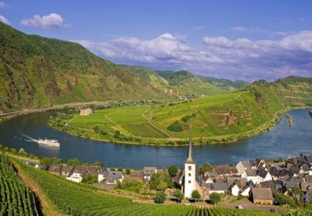 Village of Bremm, Germany - grass, land, architecture, nature, mountain, germany, water, daylight, blue, lake, sky, houses, clouds, vineyard, trees, day, green