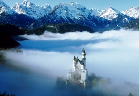 Neuschwanstein Castle From Above, Germany - trees, fog, blue, snow, forest, daylight, peaks, architecture, anicent, white, nature, land, mountains, day, castle, sky