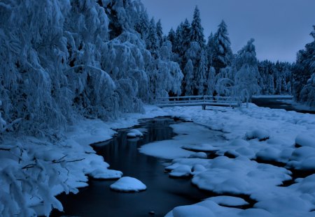 Blue winter - river, ice, winter, nature, snow, tree