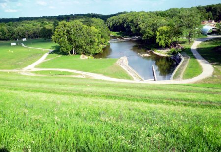 river dam - dam, hill, fields, nature