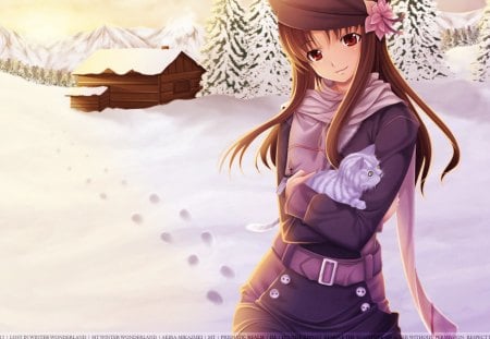 Anime girl - cottage, cat, girl, snow, winter, anime