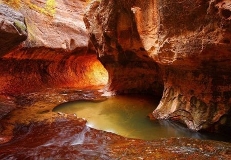 Down in a Canyon - under, rock, water, canyon, daylight, pond, light, down, orange, texture, nature, day