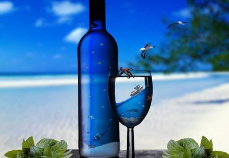 A Strong Drink - sand, sky, water, bottle, birds