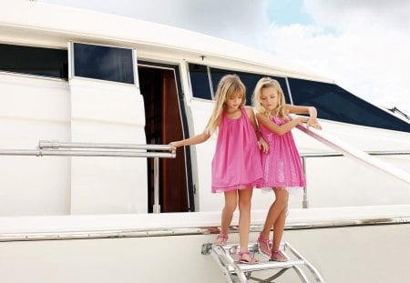 Two small Girls - pink dresses, the vessel, two, small girls