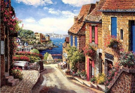 By Sam Park. - sam park, painting, road, terrace, art