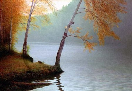 P. Koryagin. Autumn haze - p koryagin, river, autumn, painting, art, tree