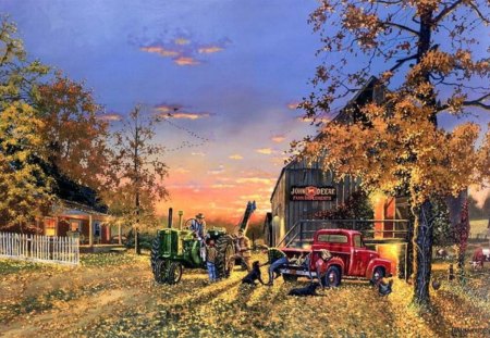 Dave Barnhouse. A Time of Plenty - nature, car, painting, dave barnhouse, art, tree, tractor