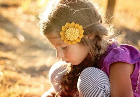 Small SunFlower♥ - childhood, yellow, forever, small, girl, blonde, love, sweet, flowers, nature, purple, sunflower, innocence, in her hair