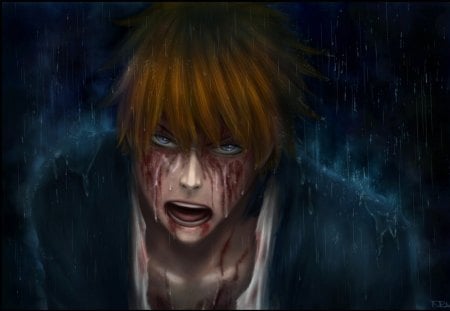 Ichigo Kurosaki - blood, anime, ichigo, kurosaki ichigo, male, bleach, rain, ichigo kurosaki, lone, orange hair, blue eyes