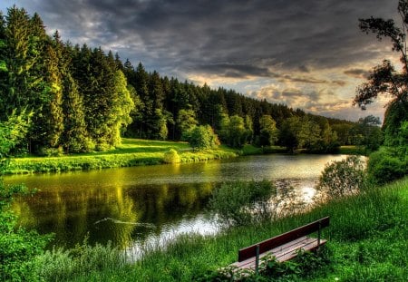 The nature of Germany - pretty, calm, relax, europe, stream, reflection, mountain, shore, riverbank, bench, lake, nice, crek, cloudy, sky, clouds, greenery, trees, water, beautiful, lovely, rest, river, germany, nature, green, serenity