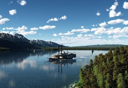 *** Boat on the River *** - sky, boat, rivet, trees, boats, blue