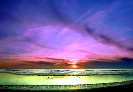 SUNSET COLORS - sky, beach, sunset, sea, waves, birds