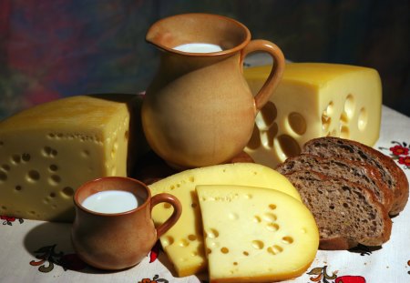 *** Cheese morning *** - cheese, food, cup, milk, jug, bread, breakfast