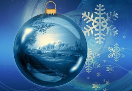 Holiday Season - trees, winter, water, snowflakes, ball, snow, clock, ornament, church, christmas, river, bridge