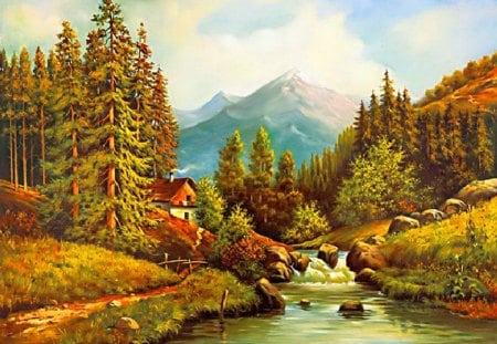 Lovely place in mountains - pretty, calm, relax, cabin, creek, stream, villa, shore, riverbank, mist, waters, nice, cottage, sky, clouds, falling, house, trees, beautiful, lovely, peaks, rest, stones, fall, slopes, colorful, river, autumn, painting, serenity, peaceful, foliage