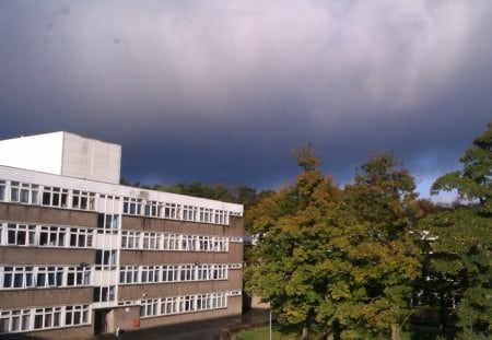 Moody Sky - green, trees, school, blue