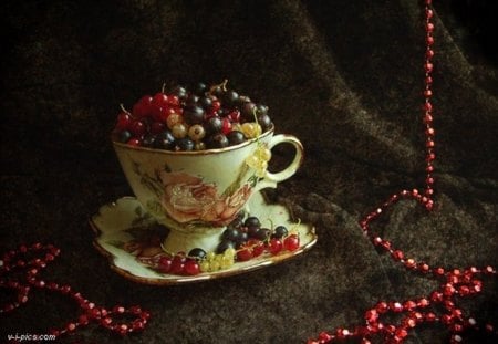 still life - arrangement, coffee cup, saucer, decoration, blackcurrant, pearl