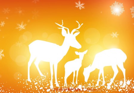 Deer Family Winter - buck, autumn, light, doe, winter, snowflakes, fawn, deer, bright, silhouettes, fall, snow, orange