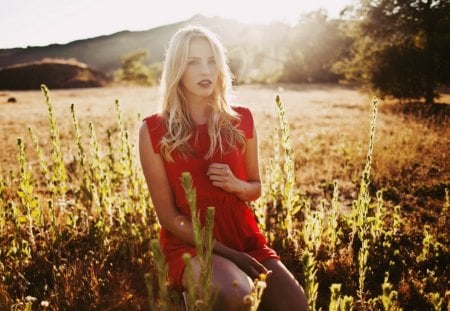 a thousand words - countryside, sensual, beautiful, model, red dress, girl, blonde