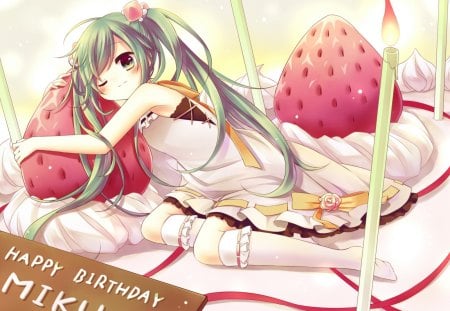 Happy Birthday Miku! - hatsune miku, strawberries, strawberry shortcake, birthday cake, vocaloid, candles, video games, other