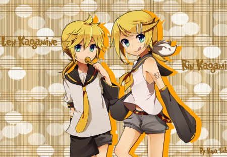 Len Kagamine and Rin Kagamine - vocaloid, yellow, project diva, len kagamine, orange, rin, lollipop, twins, rin kagamine, video games, other, len