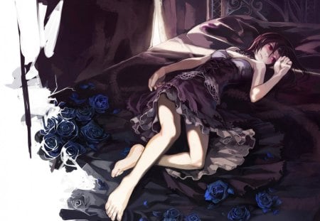 anime girl - manga, anime, bed, girl, blue roses