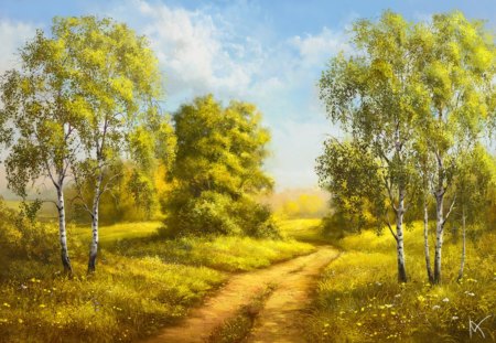 Birches - path, birches, trees, painting