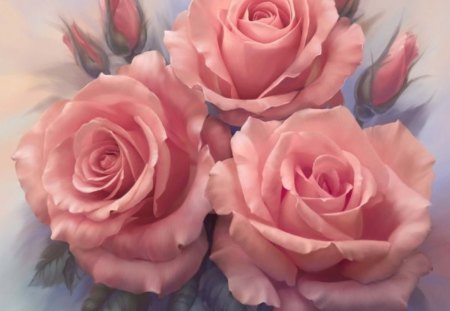 Roses - roses, flowers, pink, painting